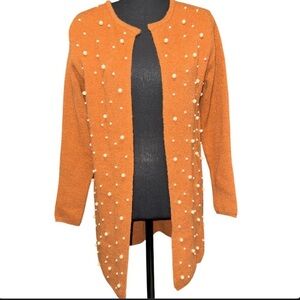 Luna Brown Open Front Cardigan Sweater W/ Pearl Detail Size Small